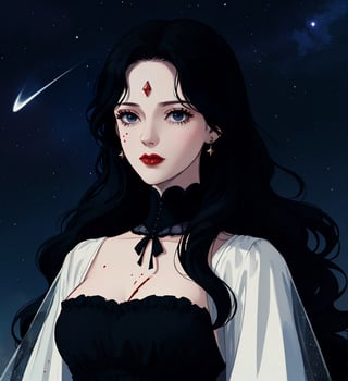 An ethereal woman, thirty years old, long black wavy straight hair, icy eyes, red lips, fair skin, authoritarian expression, blood on her face, black crown, gothic victorian black, starry night sky, 1girl