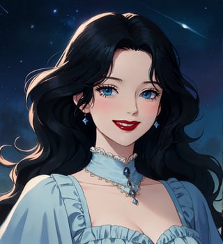 An ethereal woman, thirty years old, long black wavy straight hair, ice-blue eyes, red lips, fair skin, winking smile, gothic victorian black, starry night sky, 1girl