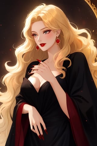 A beautiful witch woman with long wavy golden hair, vermilion eyes, fair skin, red lips, red nails, elegant black dress