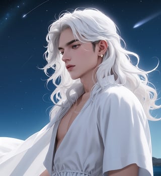 An ethereal man with long wavy straight white hair, cerulean eyes, fair skin, elegant white dress, stars_(sky)