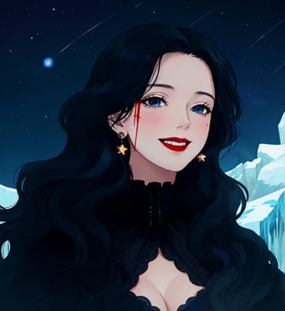 An ethereal woman, thirty years old, long black wavy straight hair, ice-blue eyes, red lips, fair skin, winking smile, blood on her face, gothic victorian black, starry night sky, 1girl