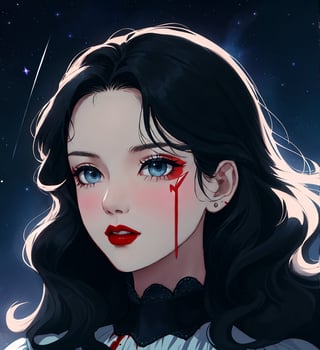 Close up, An ethereal woman, thirty years old, long black wavy straight hair, light blue eyes, red lips, fair skin, authoritarian expression, blood on her face, black crown, gothic victorian black, starry night sky, 1girl