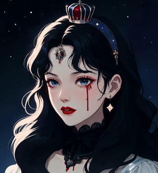 An ethereal woman, thirty years old, long black wavy straight hair, icy eyes, red lips, fair skin, authoritarian expression, blood on her face, black crown, gothic victorian black, starry night sky, 1girl