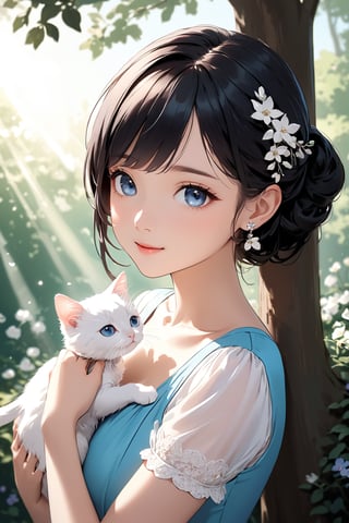 (8k, best quality, (look up:1.2), (masterpiece:1.2), ultra high resolution, high contrast, super detailed, professional Lighting, lively atmosphere, Under the bright spring sunshine, sunlight through the trees in a park, beautiful spring flowers, elegant ,  gentle, 1girl, blue eyes, styled black hair, bangs, flower earrings, blue of shoulder dress, hair ornaments, holding a white kitten, cute appearance, very young girl, doe eyes, gentle, happy。Her beautiful face, perfect figure, lovely figure,  peaceful , shine, calm atmosphere.