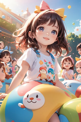 (best quality, highres), long brown hair,bow on head,girl,beautiful detailed eyes,beautiful detailed lips,long eyelashes,soft facial features, cute smile, looking at, a colorful playground with children playing, happiness, smiling, vibrant colors,pleasant lighting,artistic rendering,(The cutest girl in the world:1.5),