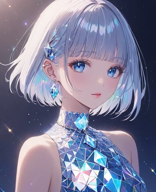 beautiful girl, detailed face, holographic vibe, a girl with short straight white holographic diamond hair with bangs, blue eyes, wearing a holographic dress, slender body, earings, diamond necklace, 