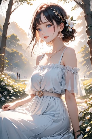 (8k, best quality, (look up:1.2), (masterpiece:1.2), ultra high resolution, high contrast, super detailed, professional Lighting, lively atmosphere, Under the bright spring sunshine, sunlight through the trees in a park, beautiful spring flowers, elegant ,  gentle, 1girl, blue eyes, styled black hair, bangs, flower earrings, blue of shoulder dress, hair ornaments, holding, cute appearance, young girl, doe eyes, gentle, happy。Her beautiful face, perfect figure, lovely figure,  peaceful , shine, calm atmosphere.