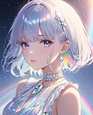 beautiful girl, detailed face, holographic vibe, a girl with short white holographic diamond hair with bangs, holographic eyes, wearing a white rainbow dress, slender body, earings, diamond necklace, masterpiece, best quality,