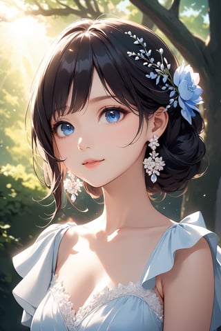 (8k, best quality, (look up:1.2), (masterpiece:1.2), ultra high resolution, high contrast, super detailed, professional Lighting, lively atmosphere, Under the bright spring sunshine, sunlight through the trees in a park, beautiful spring flowers, elegant ,  gentle, 1girl, blue eyes, styled black hair, bangs, flower earrings, blue of shoulder dress, hair ornaments, holding, cute appearance, young girl, doe eyes, gentle, happy。Her beautiful face, perfect figure, lovely figure,  peaceful , shine, calm atmosphere.