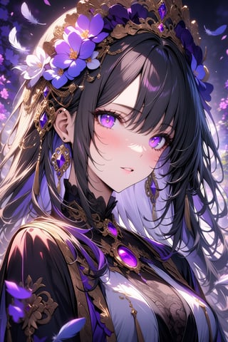 A mesmerizing digital portrait of a charismatic woman with piercing violet eyes, adorned in an ornate headdress, surrounded by vibrant blossoms and delicate feathers, masterpiece, best quality,