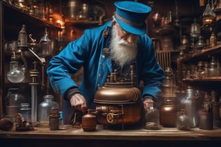 old man in a blue coat moves a crank in a machine with gears and a pot-shaped container from which reddish smoke emerges, shelves with bottles, jars and artifacts, a faucet looks at the side of the image, steampunk