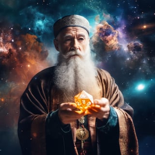 double exposure of an long-bearded old man in monk's clothes throwing two cubic dice, and the image of nebulae, galaxies, asteroids
