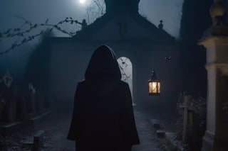 close-up of a woman dressed in black as Ella Purnell arriving to an Abandoned chapel, with vines and cracks in the walls, fog, surrounded by leafless bushes, side moonlight, overcast sky, bats flying, inverted crosses, hooded figure with a lantern in hand walking towards entrance, graves close to the building, chiaroscuro,  high resolution,ella_purnell, intricated details