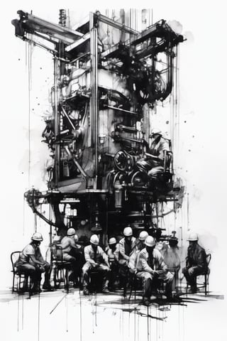 group of chained workers sitting in small chairs moving cranks of a gigantic machine, sterampunk, ink drawing, white background,  Agnes Cecile