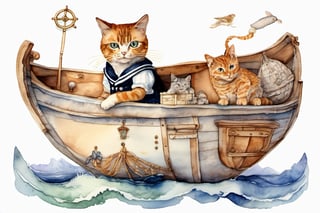 a giant nutshell boat with a cat dressed as sailor on it, watercolor, masterpiece, intricate details