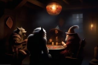 a werewolf, a fairy and a dwarf with larhe hat  playing cards in a dark room with an Aztec sun hanging on the wall, smoke, chiaroscuro, Allegory, Heather Theurer