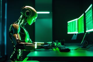 Human-machine cyborg with luminescent robotic arms writes on a computer with a split keyboard and two monitors in a room illuminated by a green lamp, chiaroscuro