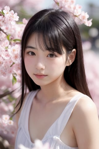 A 16-year-old Japanese beauty,in the sakura flowers.Turn slightly