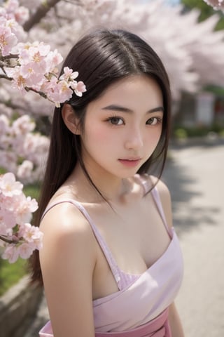 A 16-year-old Japanese beauty,in the sakura flowers.Turn slightly