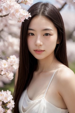 A 16-year-old Japanese beauty,in the sakura flowers.Turn slightly