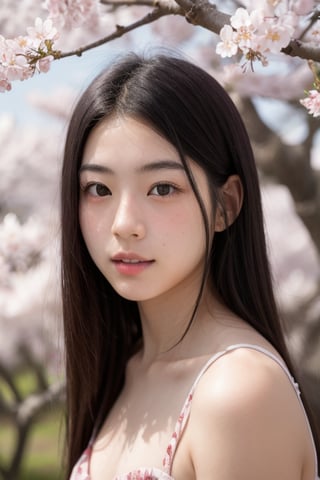 A 16-year-old Japanese beauty,in the sakura flowers.Turn slightly