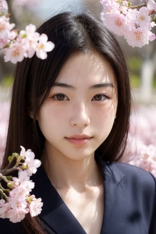 A 16-year-old Japanese beauty,in the sakura flowers.Turn slightly