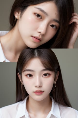 a close up of a woman with long hair wearing a white shirt, 1 8 yo, 18 years old, 19-year-old girl, xintong chen, korean girl, xision wu, heonhwa choe, 2 2 years old, 21 years old, ulzzang, wenfei ye, young cute wan asian face, lips,downblouse