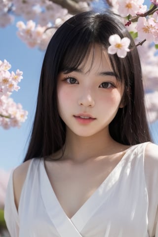 A 16-year-old Japanese beauty,in the sakura flowers.Turn slightly