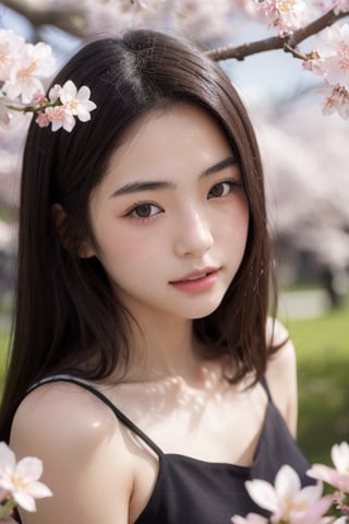 A 16-year-old Japanese beauty,in the sakura flowers.Turn slightly