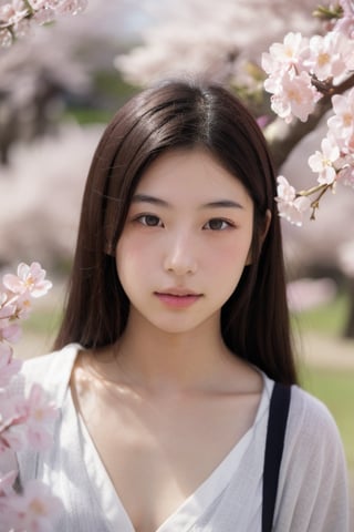 A 16-year-old Japanese beauty,in the sakura flowers.Turn slightly