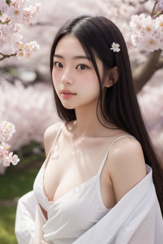 A 16-year-old Japanese beauty,in the sakura flowers.Turn slightly