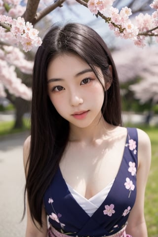 A 16-year-old Japanese beauty,in the sakura flowers.Turn slightly