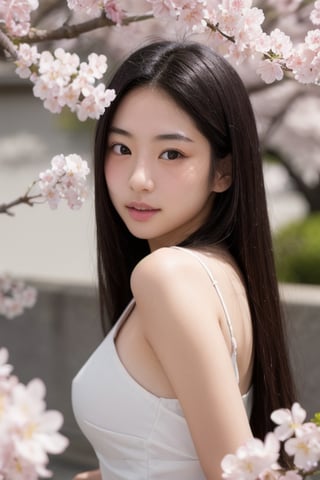 A 16-year-old Japanese beauty,in the sakura flowers.Turn slightly