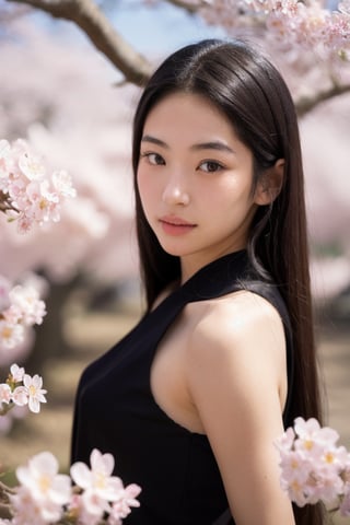 A 16-year-old Japanese beauty,in the sakura flowers.Turn slightly