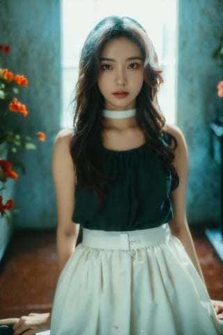 Mock up photo of cute girl, 22 years old, dark hair, pale skin, white satin skirt, choker, The left eye obscured by fresh flowers,Vintage,Faded film, (((film grain))), dark background, shadows, dust, ((Tyndale effect)), lots of detail, super detailed,(upper body)