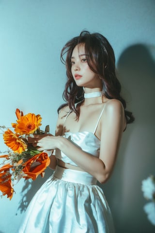 analog photo, a cute girl, 22 years old, black hair, pale skin,White soft satin skirt, choker,((using flowers cover left eyes)), vintage, faded film, film grain,  dark background,Illustration,beautiful deatailed shadow,dust,tyndall effect,lots of detail,hyperdetalization,Upper body