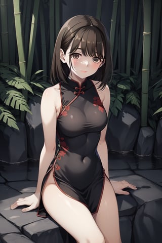 anegasaki nene, aanene, love plus, 1girl, breasts, brown eyes, brown hair, medium breasts, short hair, solo,
bamboo forest, sitting stone, sitting, dress, dress with slit, chinese dress, her leg can be seen, black dress, bamboo, sitting on the rock, smile