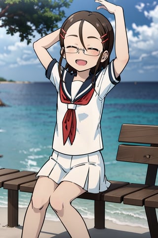 Yukari Tenkawa, masterpiece, best quality, 1girl, solo, brown hair, hair ornament, brown eyes, glasses, hairclip,
a girl sitting on a bench by the ocean holding her legs up, 1girl, outdoors, closed eyes, white sailor collar, solo, skirt, day, white skirt, smile, sailor collar, bench, shirt, pleated skirt, bird, school uniform, serafuku, sitting, arms up, white shirt, sky, ocean, cloud, open mouth, neckerchief, white serafuku, short sleeves, ^ ^