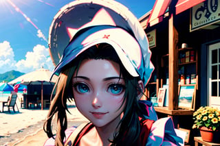 Highly detailed, high quality, masterpiece, 1 girl, alone, Aerith from Final Fantasy VII, (eyes open, smiling), beach hat, saleswoman apron, anime style Chilean plant shop, inside the shop with radiant sky.