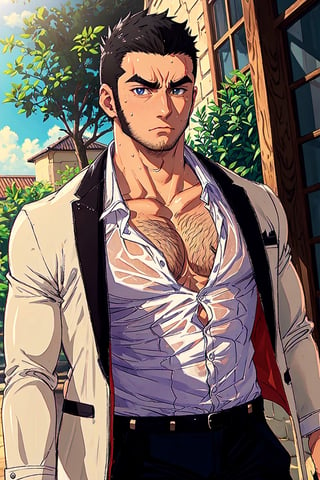 solo, 1_man, 1_character, masculine, square_jawline, white_shirt, shirt, hairy, buzz_cut, black hair, short hair, long sideburns, stubble, muscular, open_jacket, open_clothes, frown, abs, thick_eyebrows, pectroals, muscular_male, bara, large_pectorals, mature_male, very_short_hair, chest_hair, pectoral_cleavage, hairy, pectoral_focus, tanigaki, perfect anatomy, perfect proportions, (best quality, masterpiece), (perfect eyes, perfect eye pupil), perfect hands, high_resolution, dutch angle, outside, shiny skin, sweaty, best quality, masterpiece, intricate details