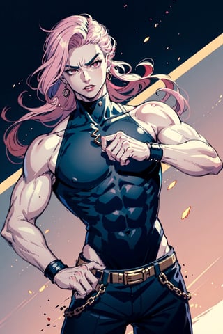 1_girl, vampire, pale_skin, pink_hair, long_hair, sleeveless_turtleneck,  flat_chest, beefcake, large_muscles, jojo_no_kimyou_na_bouken, jojo no kimyou na bouken, menacing (jojo), 