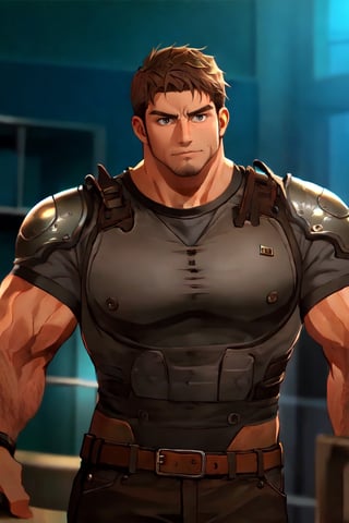 1_boy, solo, looking at viewer, short hair, brown hair, 1boy, upper body, male focus, grey shirt, facial hair, shoulder armor, realistic, masculine, muscular, large pecs, arm hair, manly, handsome, charming, alluring, perfect eyes, perfect anatomy, perfect proportions, (perfecteyes) perfect anatomy, perfect proportions, best quality, masterpiece, high_resolution, dutch angle, cowboy shot, photo background, perfect hands, perfect fingers, intricate details,photorealistic,Anime,chris-rev