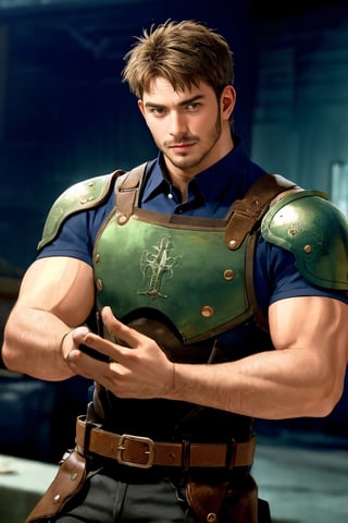 1_boy, solo, looking at viewer, short hair, brown hair, 1boy, upper body, male focus, grey shirt, facial hair, shoulder armor, realistic, masculine, muscular, large pecs, arm hair, moustache, handsome, charming, alluring, perfect eyes, perfect anatomy, perfect proportions, (perfecteyes) perfect anatomy, perfect proportions, best quality, masterpiece, high_resolution, dutch angle, cowboy shot, photo background, perfect hands, perfect fingers, intricate details,
