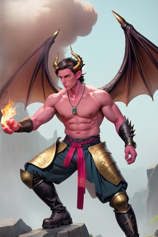 Name: Kael
17 years old
Origin: Half dragon of an ancient race lost in the temples
Physical description:
Musculature: Kael has well-defined musculature, a result of his dragon heritage.
Scaly Skin: Its skin is covered with scales in green and gold tones.
Penetrating Eyes: His eyes are an intense amber color, with slanted pupils.
Dragon Wings: It has a pair of membranous wings that extend from its back.
Skills and Powers:
Fire Breath: Kael can breathe burning flames.
Superhuman Strength: His dragon heritage grants him exceptional strength.
Agility: He is agile and fast in combat.
Outfit:
Scaled Armor: He wears armor made of dragon scales, strong and light.
Runic Necklace: A necklace with magical inscriptions that amplify your abilities.
Leather Boots: Durable boots for exploring temples and dangerous terrain.
Background:
Kael discovered his dragon heritage at a young age. Raised by wise elders in the temples, he learned to control his powers and honor the memory of his lost race.
Your mission is to explore the ancient temples, unravel the secrets and protect your tribe from outside threats.
,Sexy Muscular,More Detail,Hanfu_Dragon_Boy