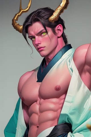 Facial features:
Almond eyes with golden irises.
Scaly skin in green and yellow tones.
A crest of scales that runs along its forehead and extends to the nape of its neck.
.
Body:
Defined and agile muscles.
Strong arms and legs, with 
.
,Sexy Muscular,More Detail,Hanfu_Dragon_Boy