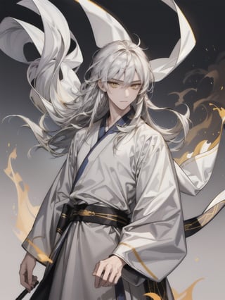 (masterpiece, best quality), ultra high resolution, detailed face, perfect focus, 1boy, beautiful man, (beautiful yellow_eyes), sharp_eyes, impatient, silver_hair, long_hair, detailed hand, (white hanfu), surround by fire, windy
