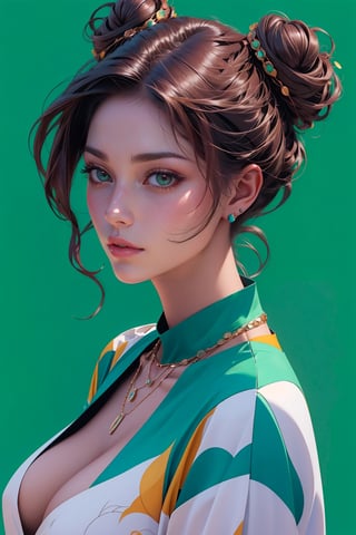 1girl, half body shot, solo,,oil painting, impasto, looking at viewer, double bun hair, blue eyes, lips, brown skin, necklace, lips, vibrant blue background,circlet,green sexy outfit showing cleavage,masterpiece,beautyniji,nijistyle,niji, ,3DMM