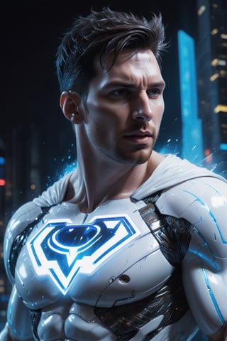 A detailed, hyper-realistic painting of White Superman in the future. He is standing in a neon-lit cyberpunk city, surrounded by towering skyscrapers and futuristic technology. White Superman is wearing a white suit with glowing blue accents, and his eyes are glowing white with power. He is surrounded by streaks of lightning and motion blur, creating a sense of dynamic movement. The overall tone of the image is bright and optimistic, with a hint of danger and excitement.Lionel Messi facial model



