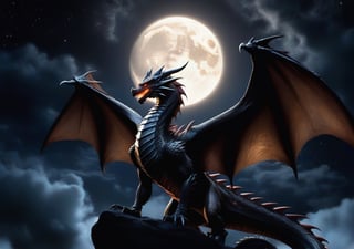 Dragon, bahamut, black body, night sky, cloudy, under moon, wings, focus on head, flame at sky, body glowing 