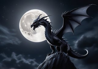 Dragon, bahamut, black body, night sky, cloudy, under moon, wings
